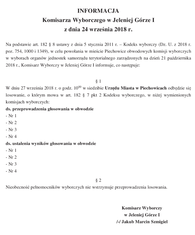 informacja o losowaniach Piechowice